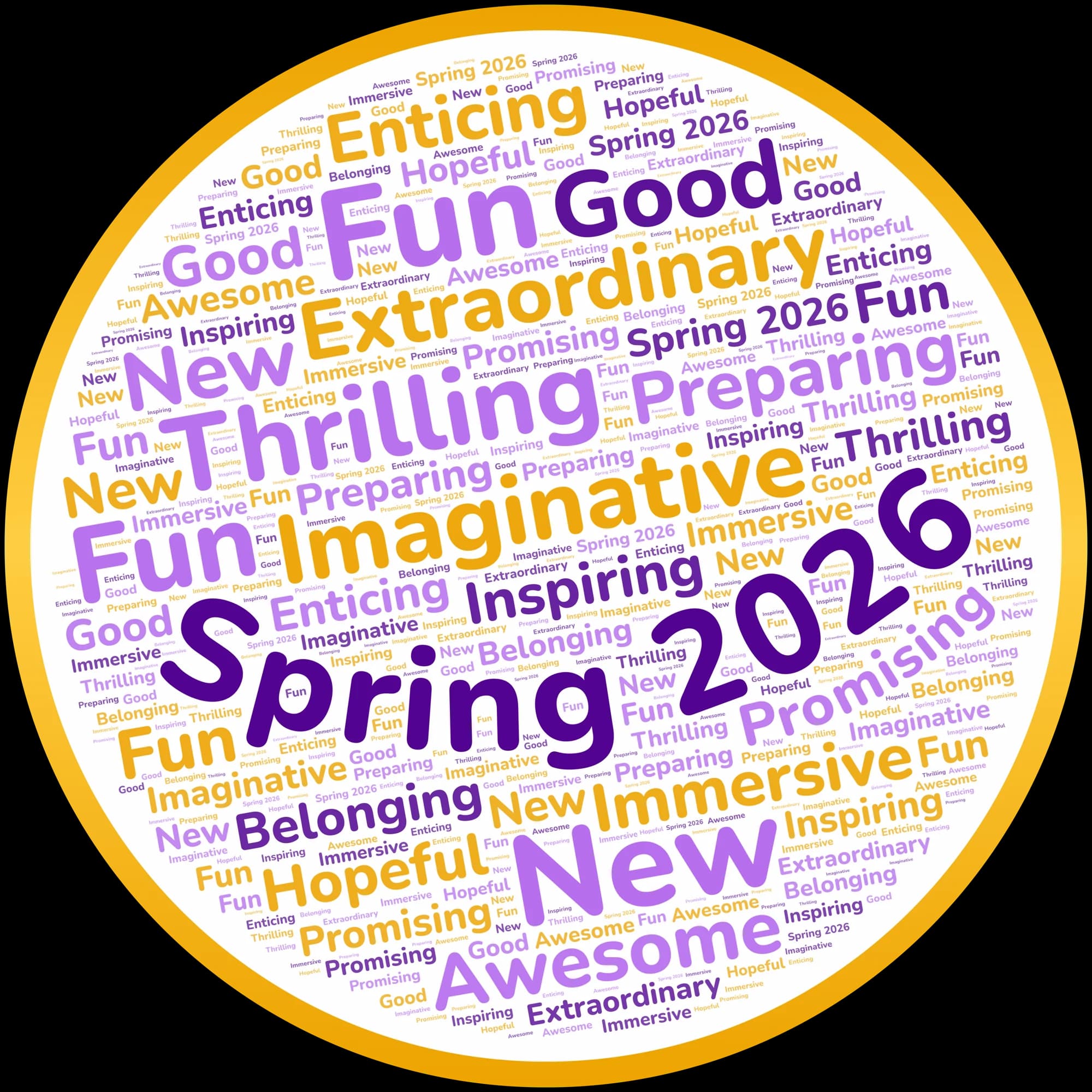 Word cloud of the words HSCA Pioneer Members used to describe their first semester, Spring 2026